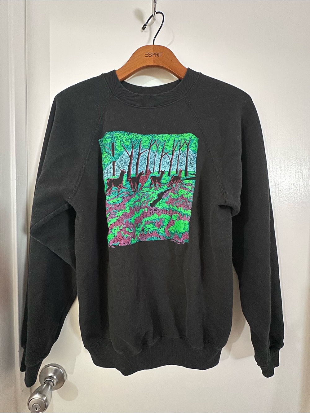 VTG 90s Hanes Sweatshirt L Black Cotton Acrylic Blend Nature Graphic Made in USA